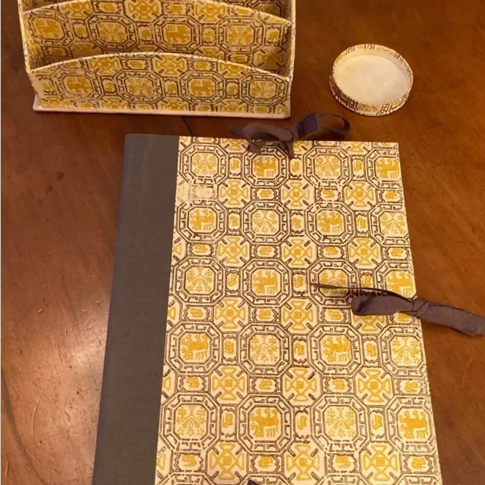 Vintage Italian handmade medieval pattern paper desktop accessories, six pieces